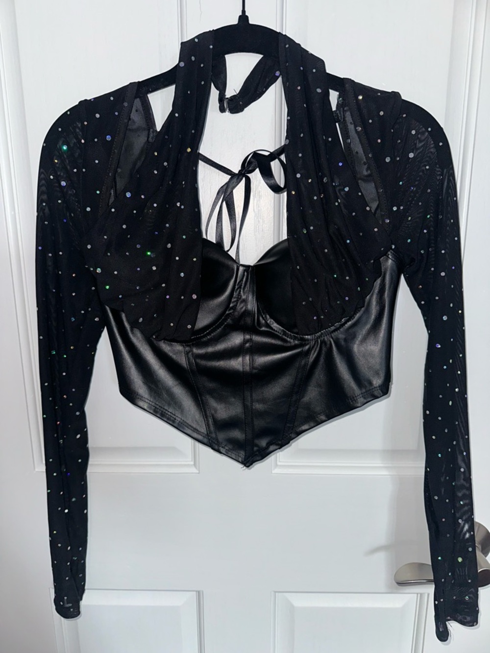 Black Rhinestone Mesh & Faux Leather Halter Crop Top